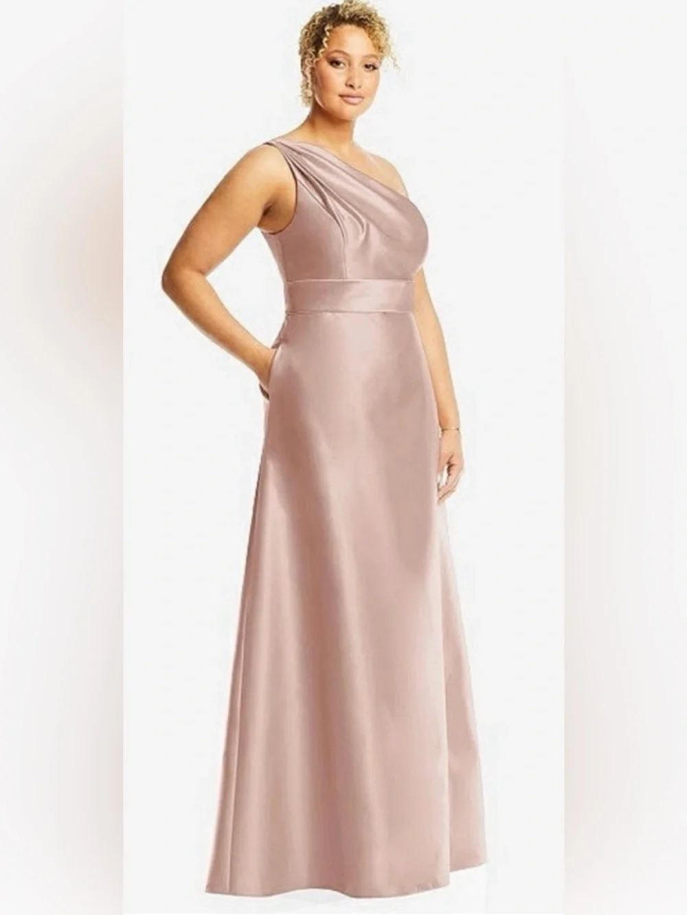 Alfred Sung Draped One Shoulder Satin Maxi Dress with Pockets Toasted Sugar - Picture 6 of 10